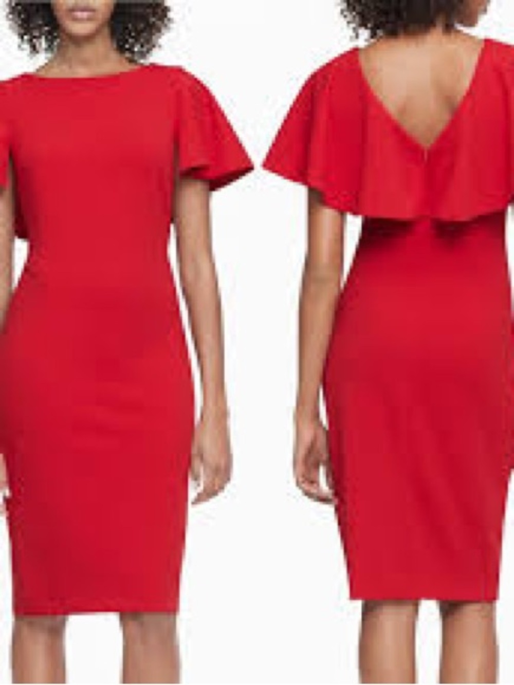 Calvin Klein Red Stretch Crepe Flutter Sleeve Crepe Dress